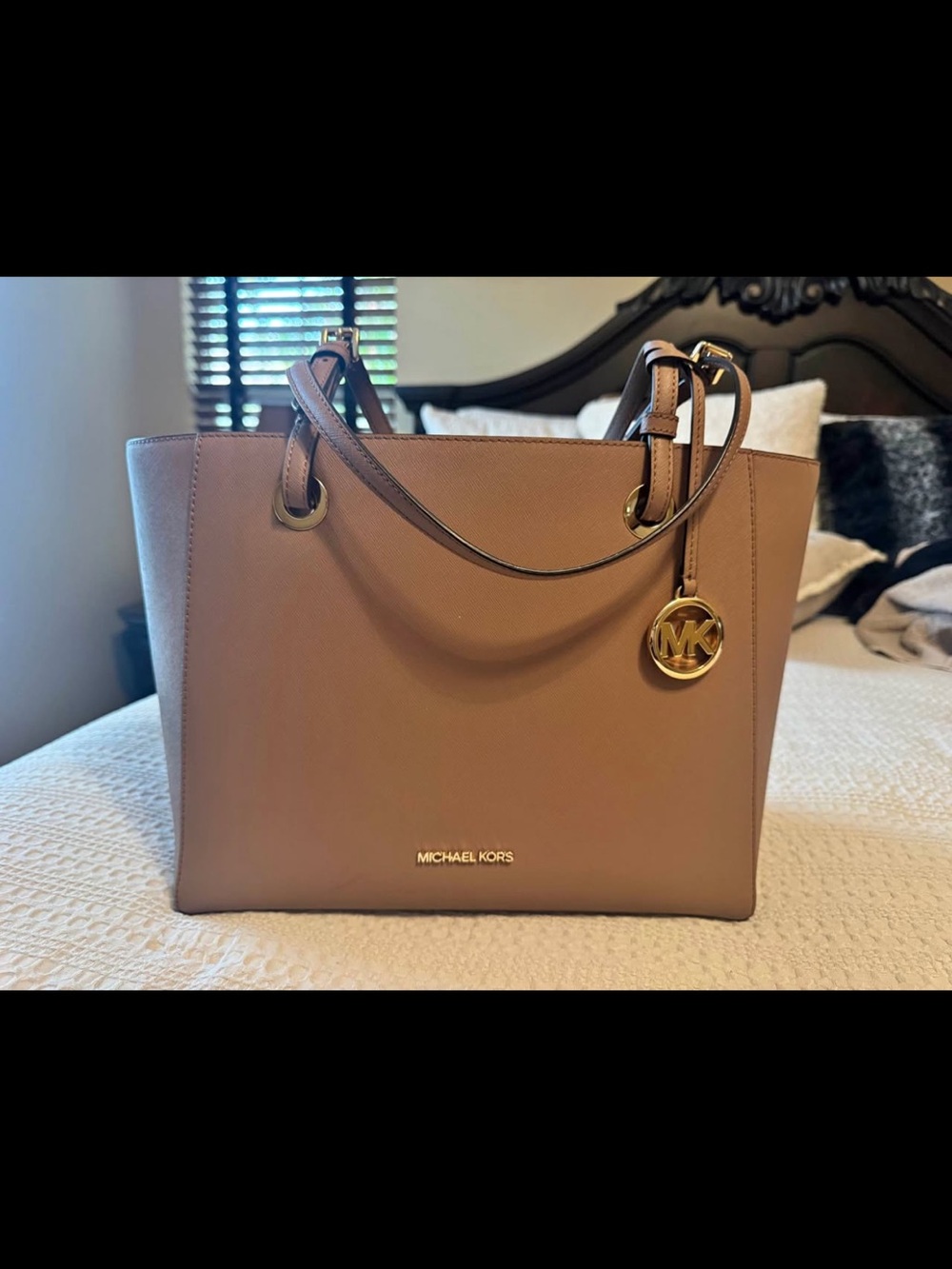 Michael Kors Taupe Leather Tote with Gold Accents - Picture 1 of 3